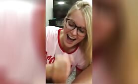 Sexy blond with glasses sucks cock and eats cum